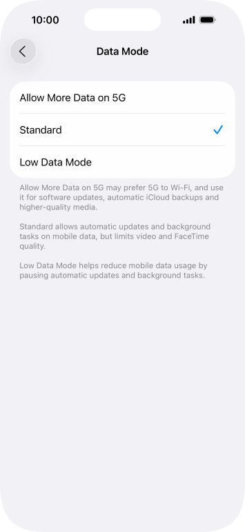 Press the required setting.