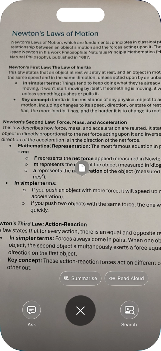 To use visual intelligence on a text, take a picture of the text, press the required setting and follow the instructions on the screen to use the function.