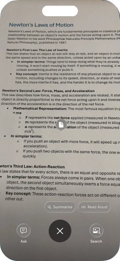 To use visual intelligence on a text, take a picture of the text, press the required setting and follow the instructions on the screen to use the function.
