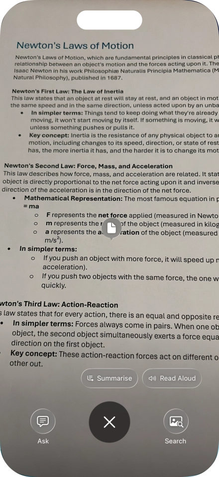 To use visual intelligence on a text, take a picture of the text, press the required setting and follow the instructions on the screen to use the function.