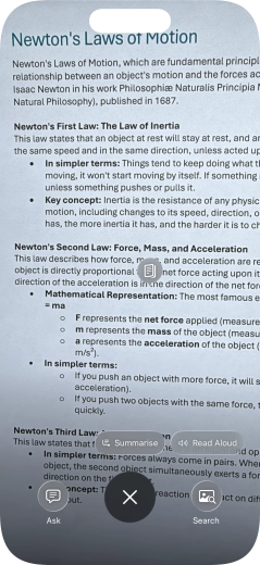To use visual intelligence on a text, take a picture of the text, press the required setting and follow the instructions on the screen to use the function.