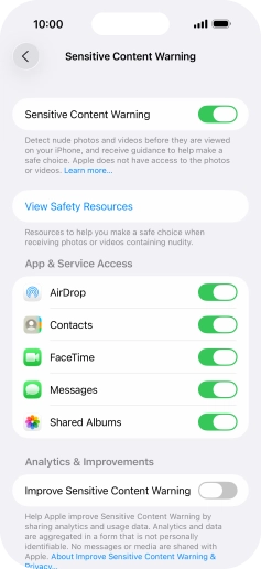 Press the indicators next to the required applications to turn the function on or off.