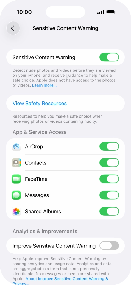 Press the indicators next to the required applications to turn the function on or off.