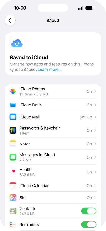 Press the indicators next to the required data types to turn synchronisation of each data type on or off.