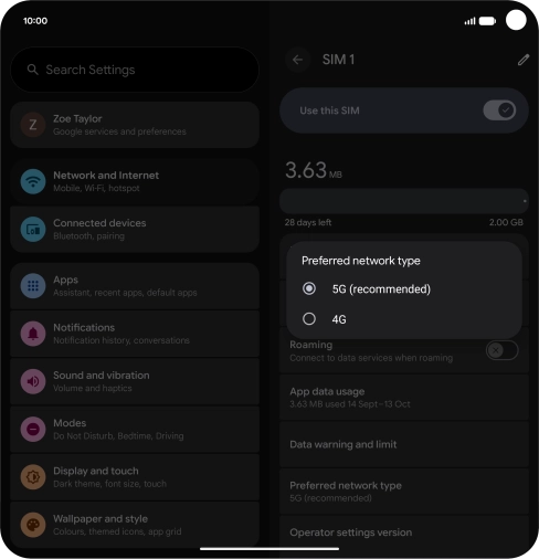 Press the required network mode.