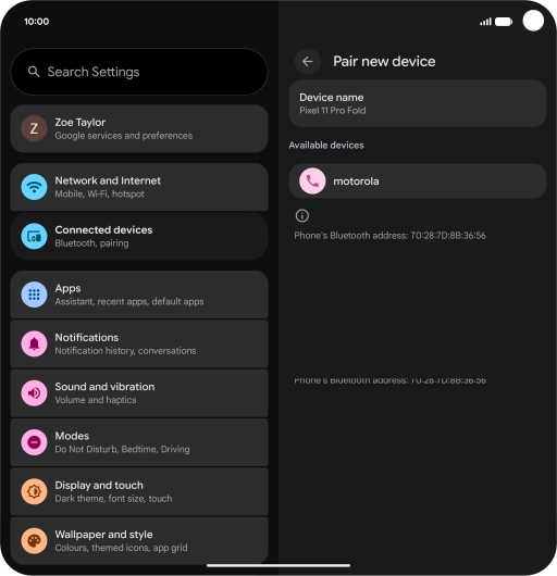 Press the required Bluetooth device and follow the instructions on the screen to pair the device with your phone.