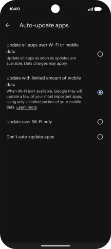 To turn on automatic update of apps using mobile network, press Update all apps over Wi-Fi or mobile data. To turn on automatic update of apps using mobile network, press Update all apps over Wi-Fi or mobile data.