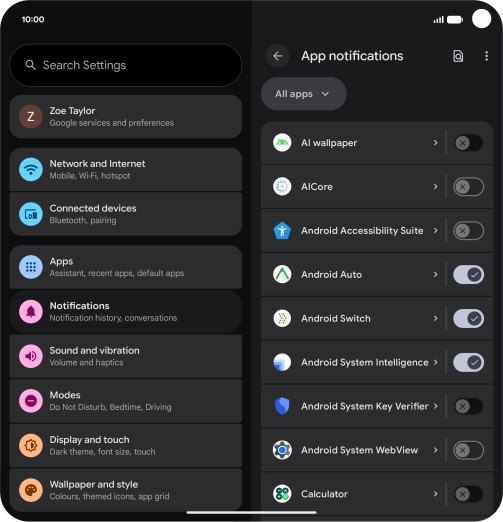 Press the indicator next to the required apps to turn the function on or off.