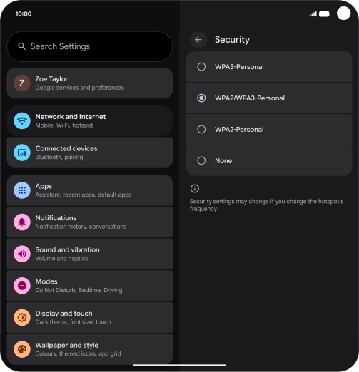 Press WPA3-Personal to password protect your Wi-Fi hotspot.