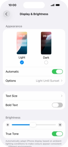 If you turn on the function, press Options and follow the instructions on the screen to select the required period of time for Dark Mode.