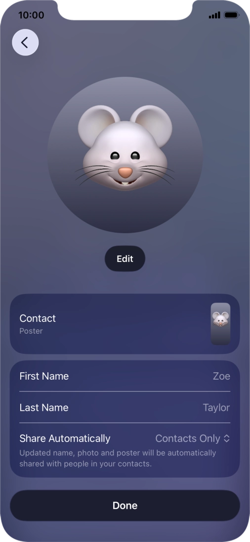 Press the name fields and follow the instructions on the screen to edit your name on the Contact Poster.