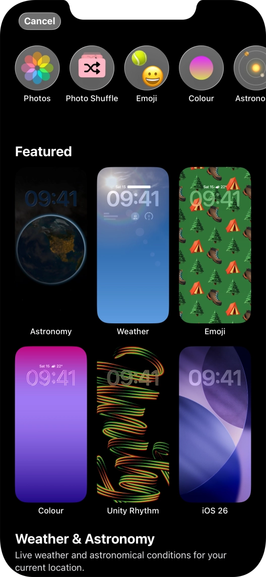 Press the required category and follow the instructions on the screen to select the required background image.