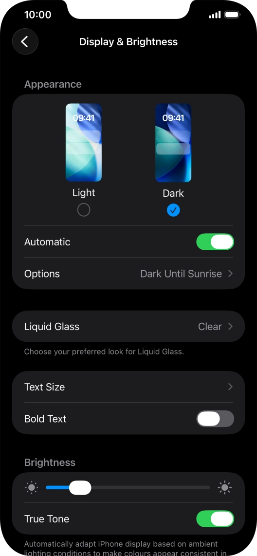 If you turn on the function, press Options and follow the instructions on the screen to select the required period of time for Dark Mode.