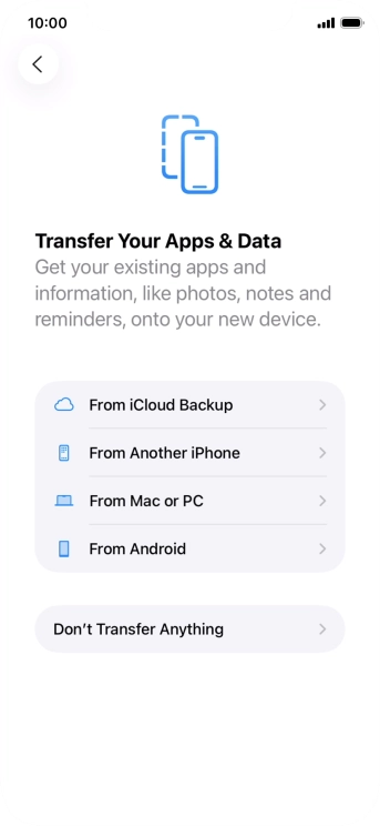 You can transfer content from an Android phone when your phone is activated for the first time and after a factory reset. When this screen is displayed, your phone is ready to transfer content from an Android phone.
