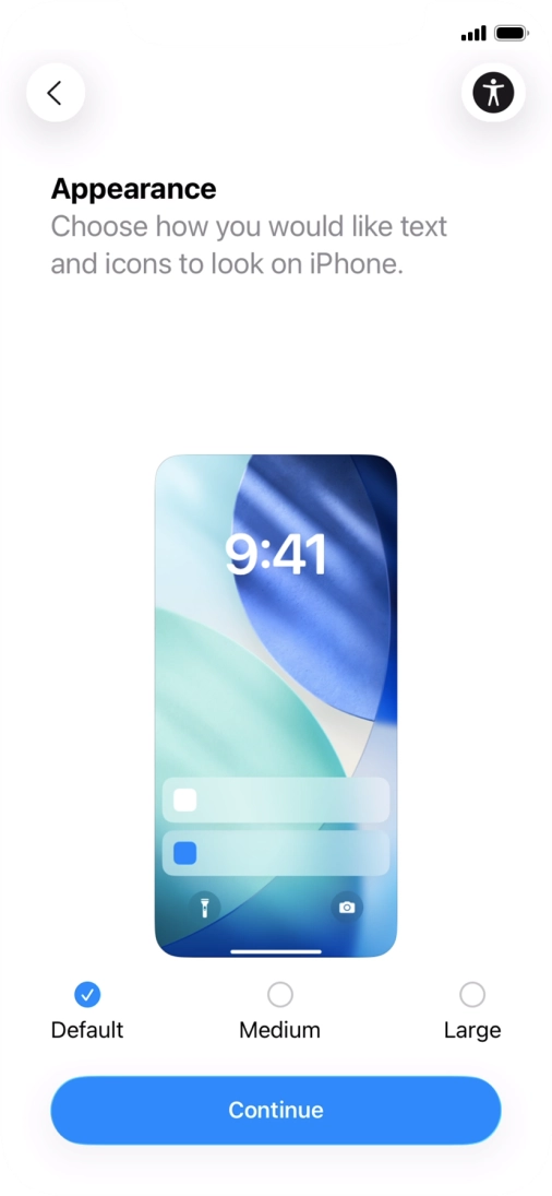 Select the required text and icon size on your phone and press Continue.
