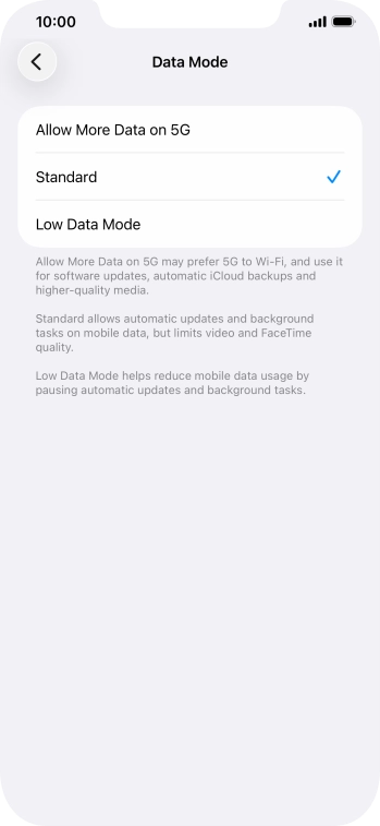Press the required setting.