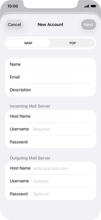 Press Username and key in the username for your email account.