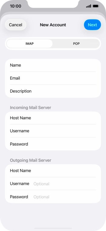 Press Username and key in the username for your email account.