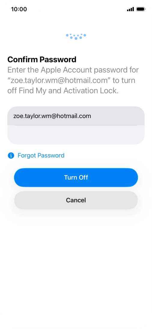 Key in the password for your Apple Account and press Turn Off. Wait a moment while the factory default settings are restored. Follow the instructions on the screen to set up your phone and prepare it for use.