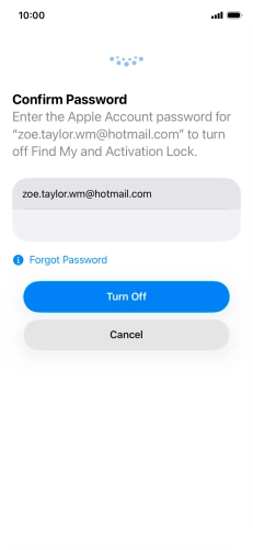 Key in the password for your Apple Account and press Turn Off. Wait a moment while the factory default settings are restored. Follow the instructions on the screen to set up your phone and prepare it for use.
