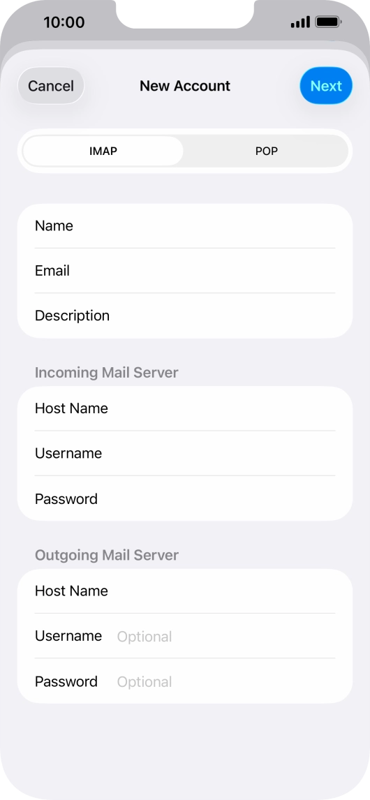 Press Username and key in the username for your email account.