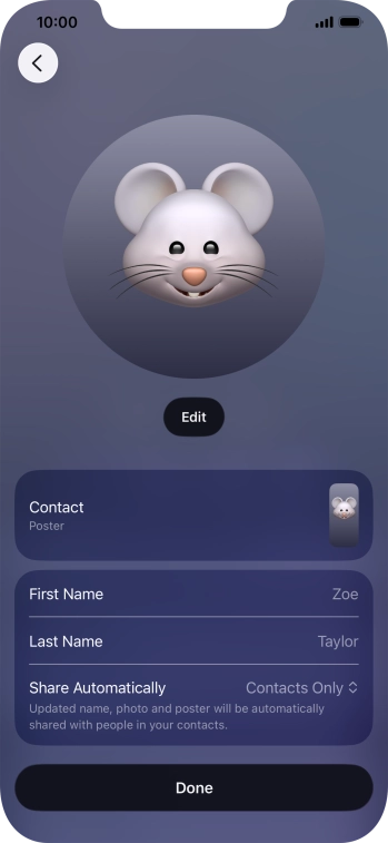 Press the name fields and follow the instructions on the screen to edit your name on the Contact Poster.