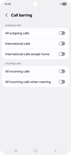 Press the indicator next to the required barring type to turn the function on or off.