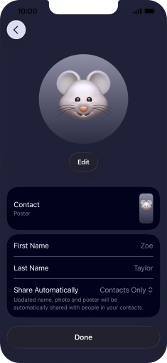 Press the name fields and follow the instructions on the screen to edit your name on the Contact Poster.