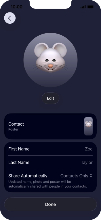 Press the name fields and follow the instructions on the screen to edit your name on the Contact Poster.