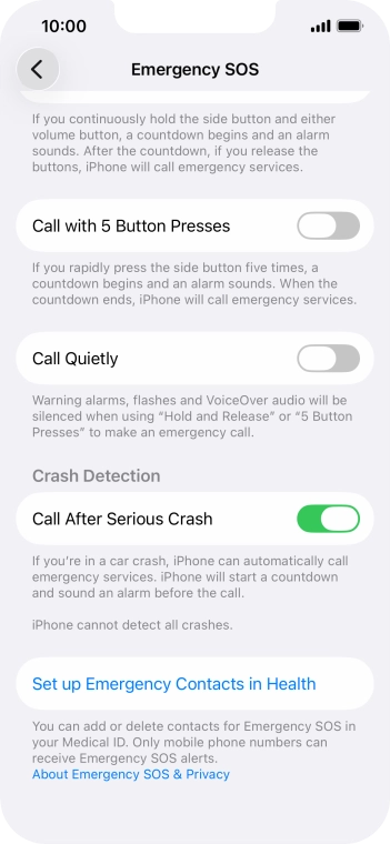 Press Set up Emergency Contacts in Health and follow the instructions on the screen to key in your emergency info and emergency contacts.
