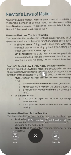 To use visual intelligence on a text, take a picture of the text, press the required setting and follow the instructions on the screen to use the function.