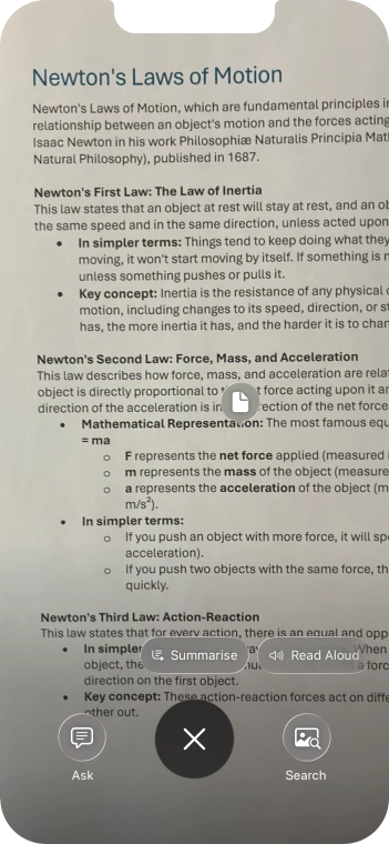 To use visual intelligence on a text, take a picture of the text, press the required setting and follow the instructions on the screen to use the function.