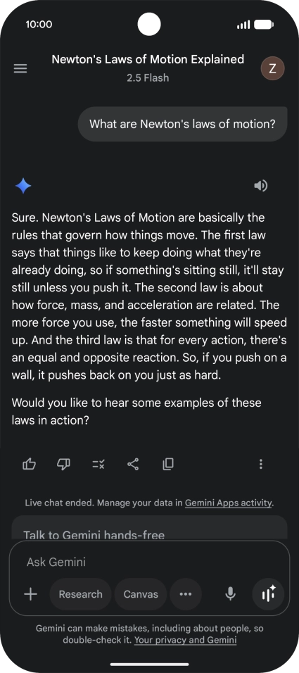 Transcription of the conversation with Gemini Live is now displayed.
