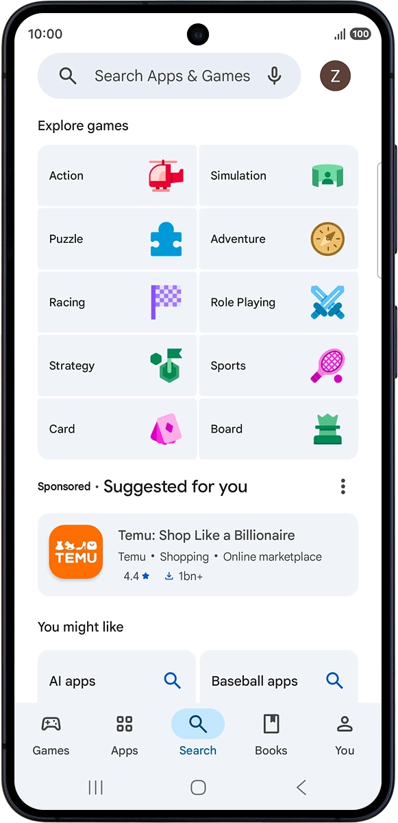 On your phone: Press the search field and key in the name or subject of the required app.