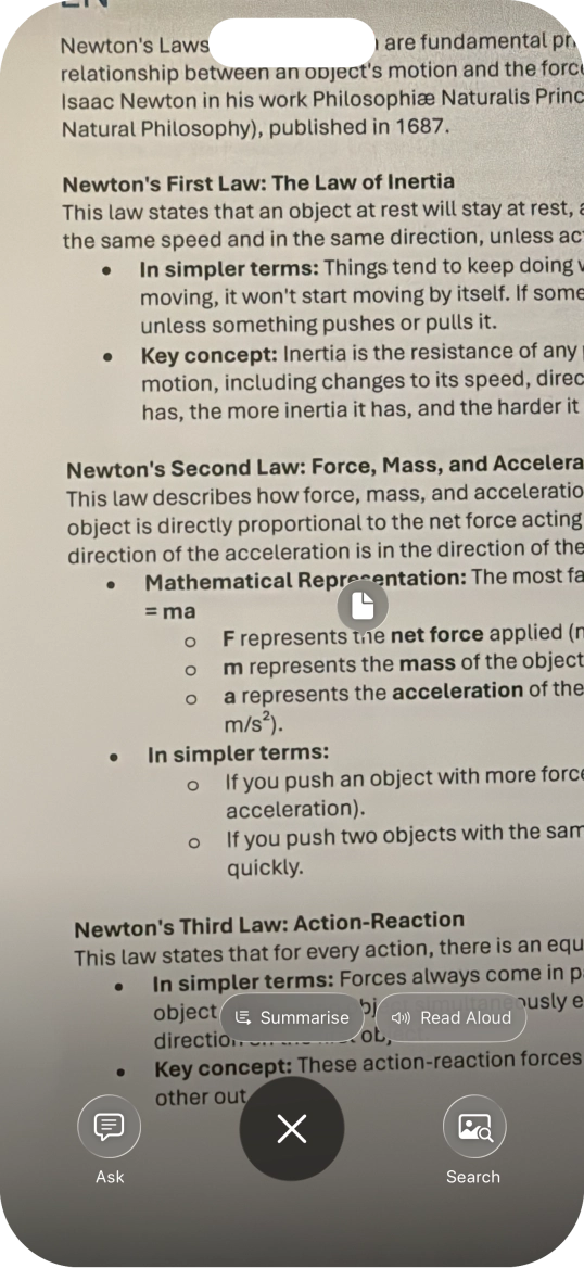 To use visual intelligence on a text, take a picture of the text, press the required setting and follow the instructions on the screen to use the function.