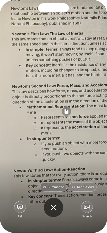 To use visual intelligence on a text, take a picture of the text, press the required setting and follow the instructions on the screen to use the function.