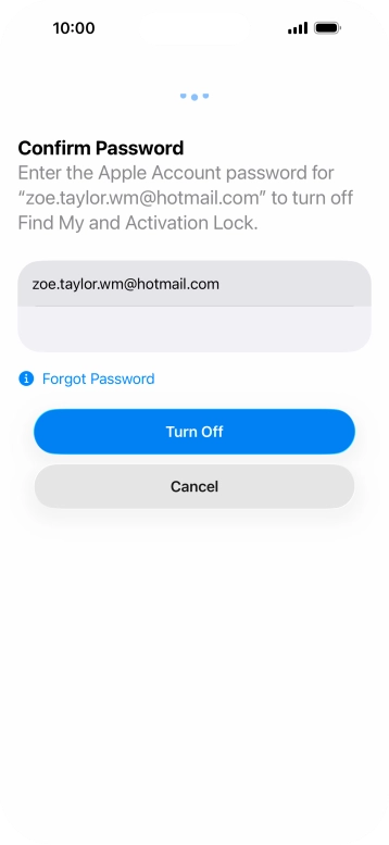 Key in the password for your Apple Account and press Turn Off. Wait a moment while the factory default settings are restored. Follow the instructions on the screen to set up your phone and prepare it for use.