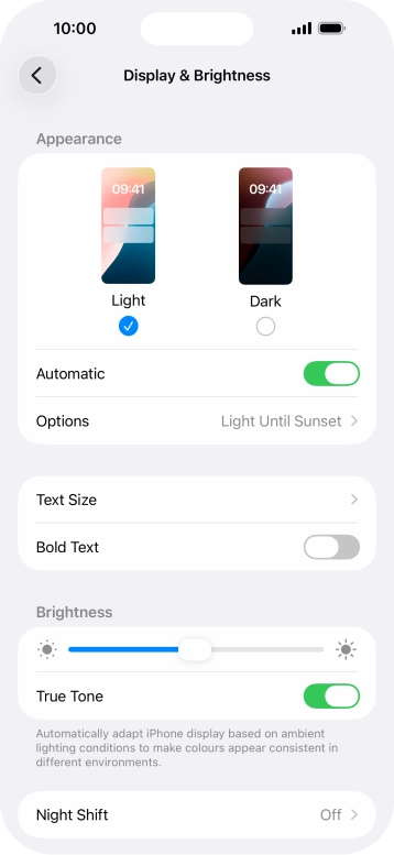 If you turn on the function, press Options and follow the instructions on the screen to select the required period of time for Dark Mode.