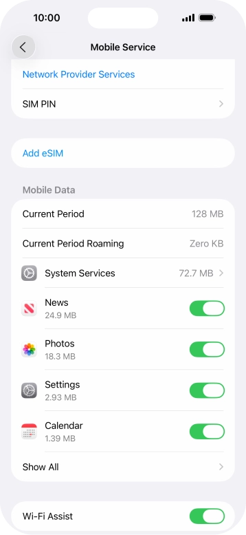 Press the indicators next to the required applications to turn the function on or off.