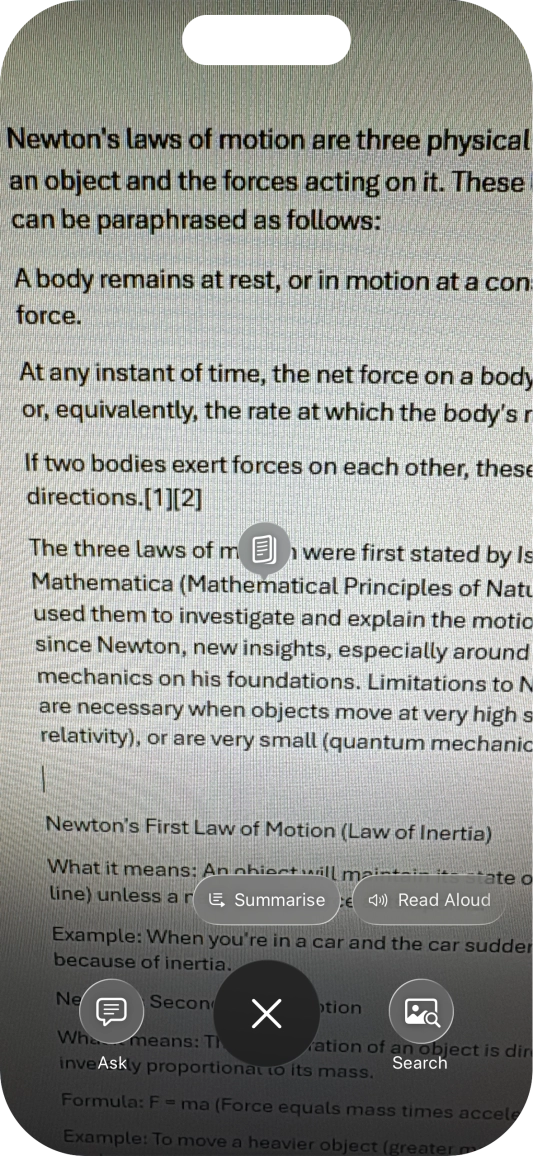To use visual intelligence on a text, take a picture of the text, press the required setting and follow the instructions on the screen to use the function.