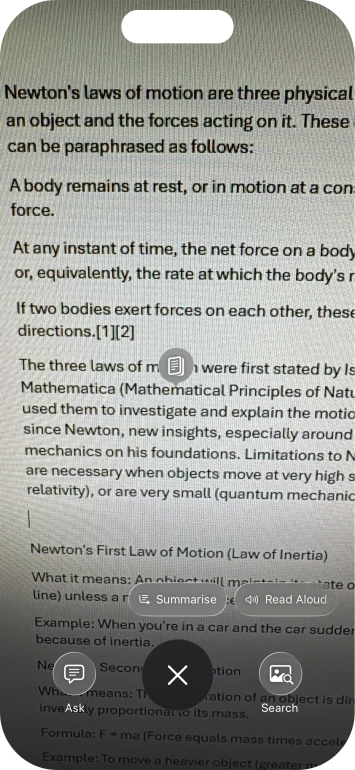 To use visual intelligence on a text, take a picture of the text, press the required setting and follow the instructions on the screen to use the function.