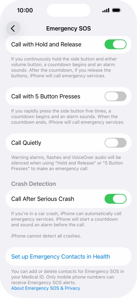 Press Set up Emergency Contacts in Health and follow the instructions on the screen to key in your emergency info and emergency contacts.