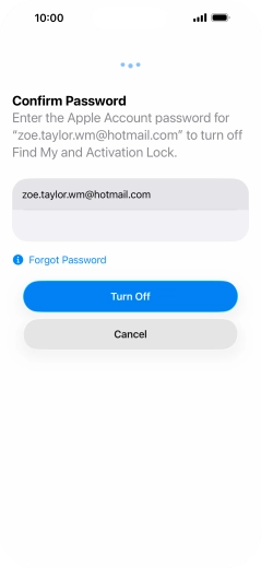 Key in the password for your Apple Account and press Turn Off. Wait a moment while the factory default settings are restored. Follow the instructions on the screen to set up your phone and prepare it for use.