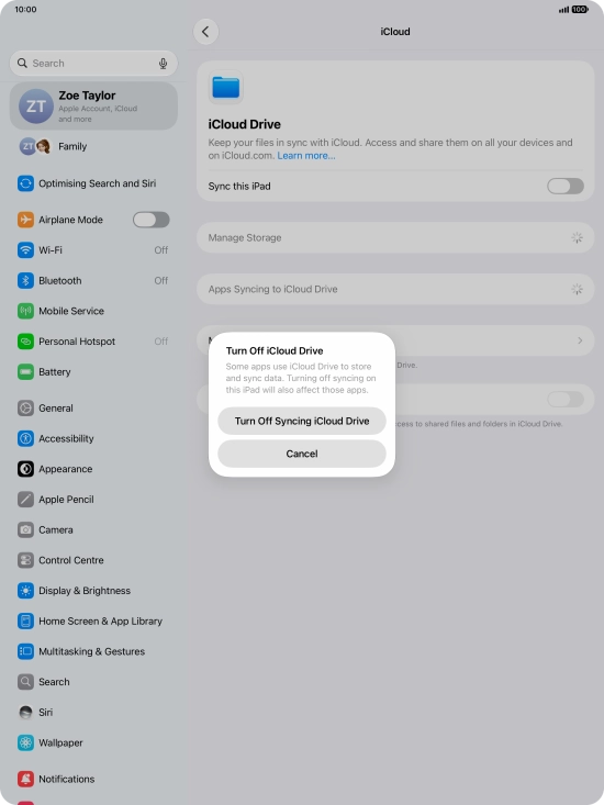 If you turn off the function, press Turn Off Syncing iCloud Drive. If you turn off the function, press Turn Off Syncing iCloud Drive.