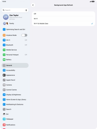 To turn off background refresh of apps, press Off.