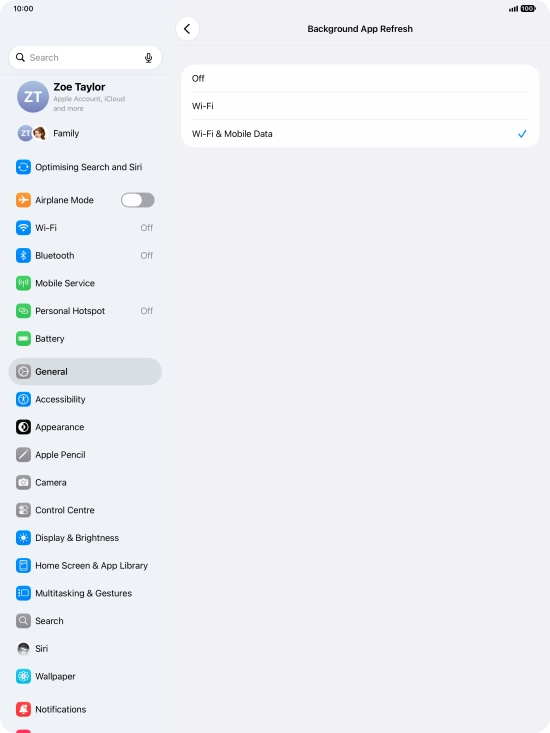 To turn off background refresh of apps, press Off. To turn off background refresh of apps, press Off.
