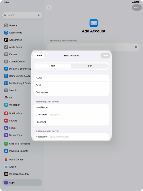 Press Username and key in the username for your email account.