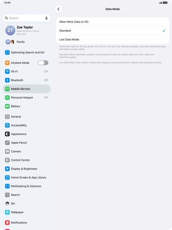 Press the required setting to turn the function on or off.