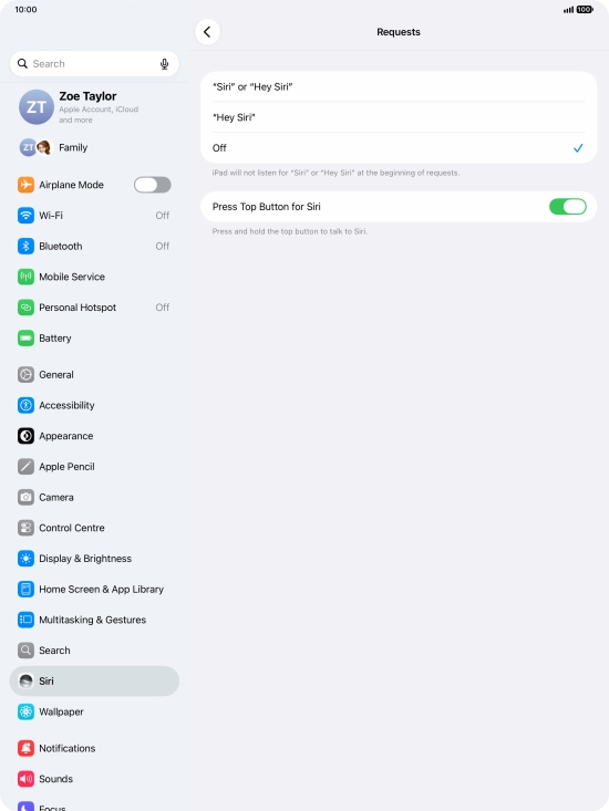 Press the required setting to turn the function on or off. If you turn on the function, you need to follow the instructions on the screen to set up Siri to recognise your voice. Press the required setting to turn the function on or off. If you turn on the function, you need to follow the instructions on the screen to set up Siri to recognise your voice.