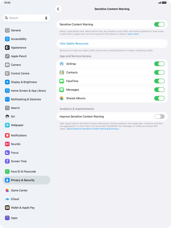 Press the indicators next to the required applications to turn the function on or off. Press the indicators next to the required applications to turn the function on or off.